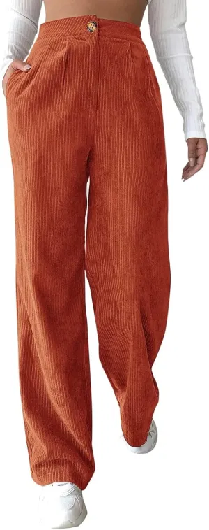 Corduroy Pants for Women High Waisted Vintage Straight Leg Cord Pants Trendy Casual Loose Comfy Work Trousers Pockets