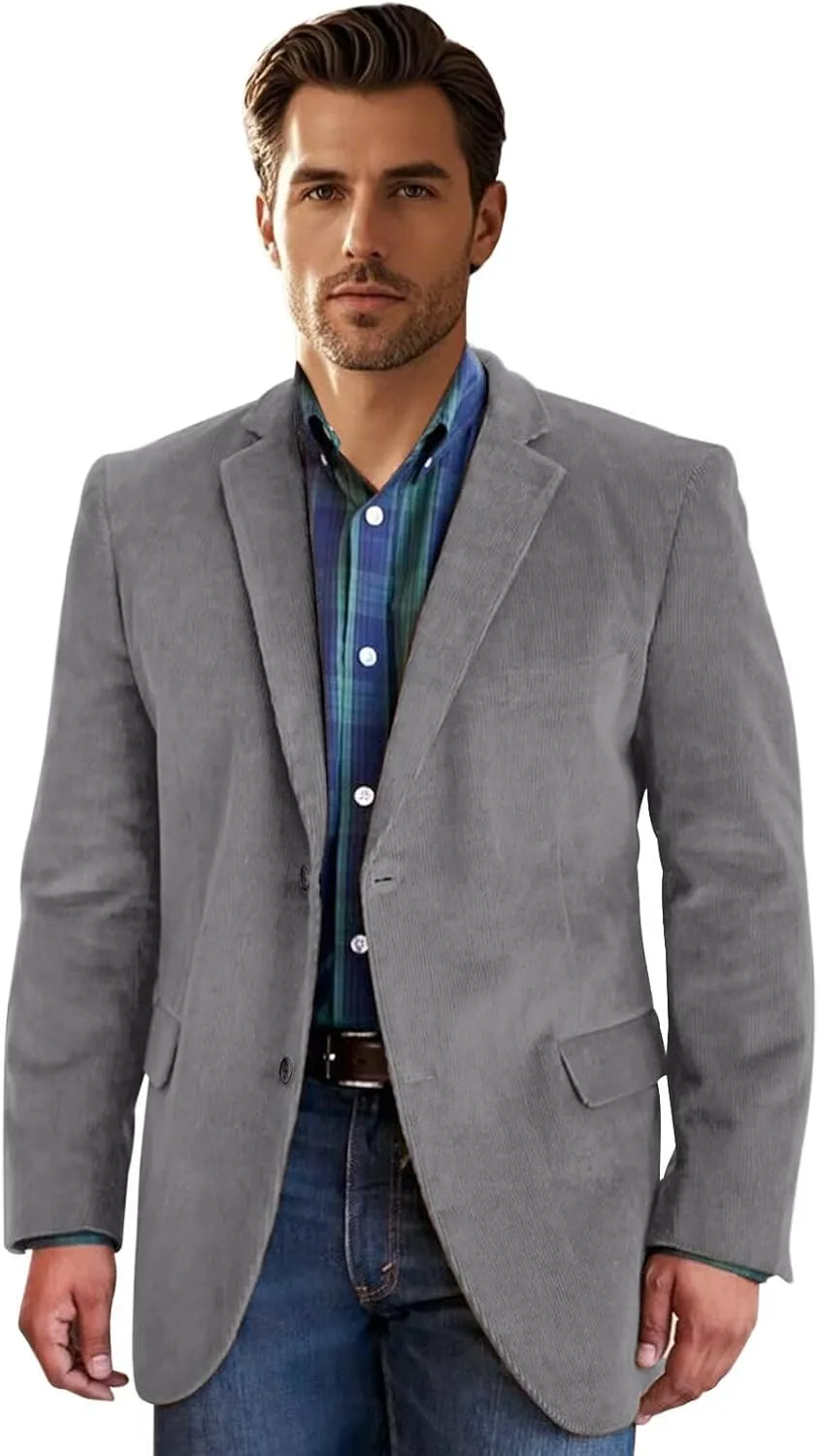 Corduroy Suit Jacket for Men Slim Fit Notched Lapel Formal Gray Size L Wedding Groomsmen Outfit Chic Handsome