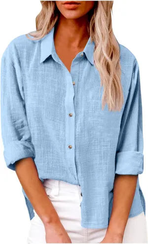 Cotton Linen Shirts for Women 2025 Spring Casual Long Sleeve Tops Button Down Lapel Blouses Summer Loose Work Tshirt