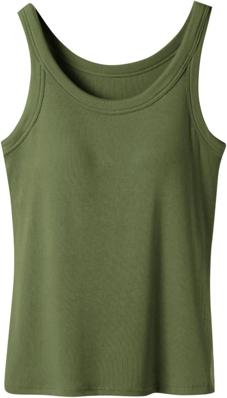 Cotton Tank Tops with Built in Bra for Women Summer Basic Workout Undershirt Solid Color Fashion Yoga Blouse Tees