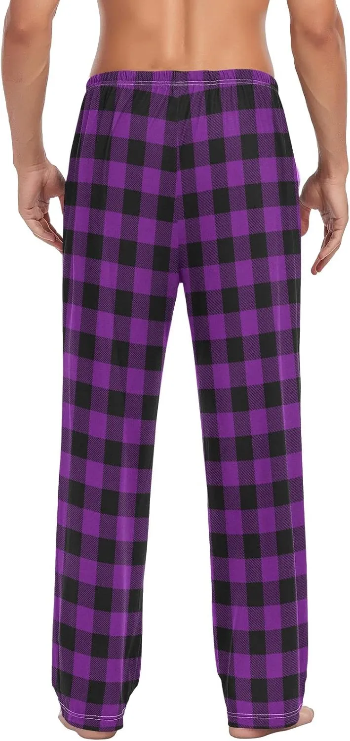 Cream Plaid Mens Pajama Pants Purple Buffalo Pj Pants for Men Pajama Bottoms S