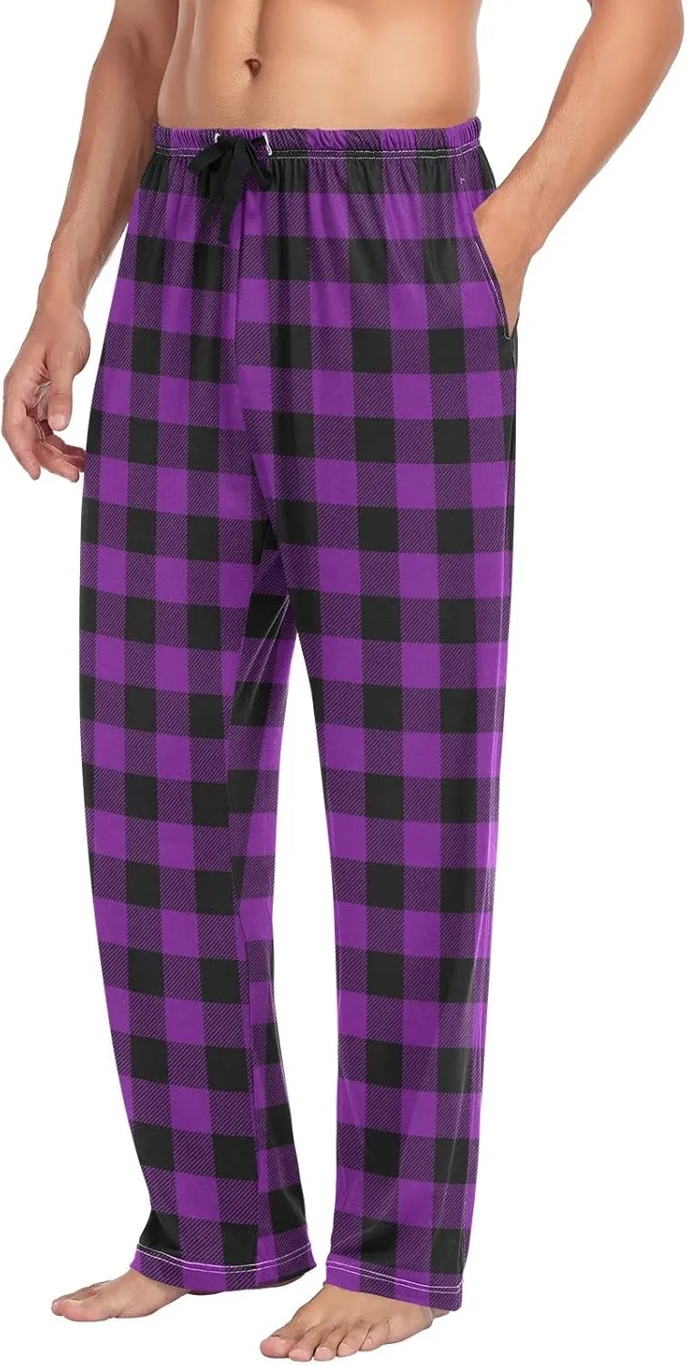 Cream Plaid Mens Pajama Pants Purple Buffalo Pj Pants for Men Pajama Bottoms S