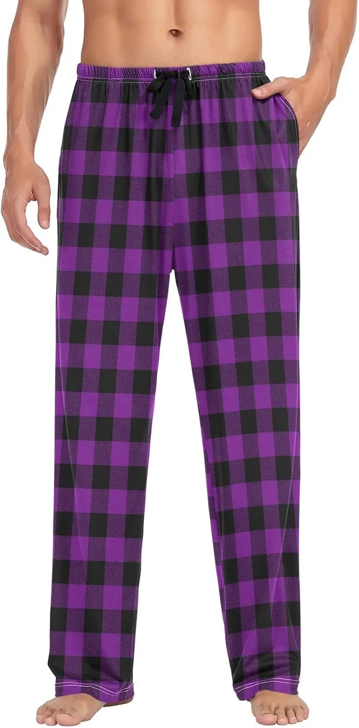 Cream Plaid Mens Pajama Pants Purple Buffalo Pj Pants for Men Pajama Bottoms S
