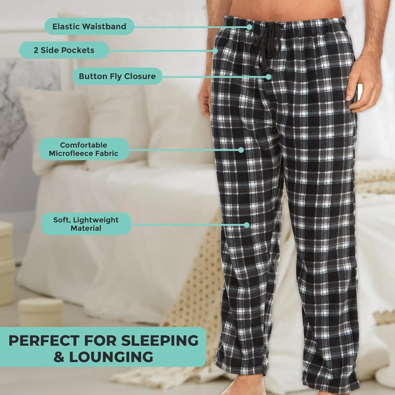DARESAY Plaid Pajama Pants for Men  Fleece Mens Pajama Bottoms - Mens PJ Pants with Pockets & Button Fly (Up to Size 3X)
