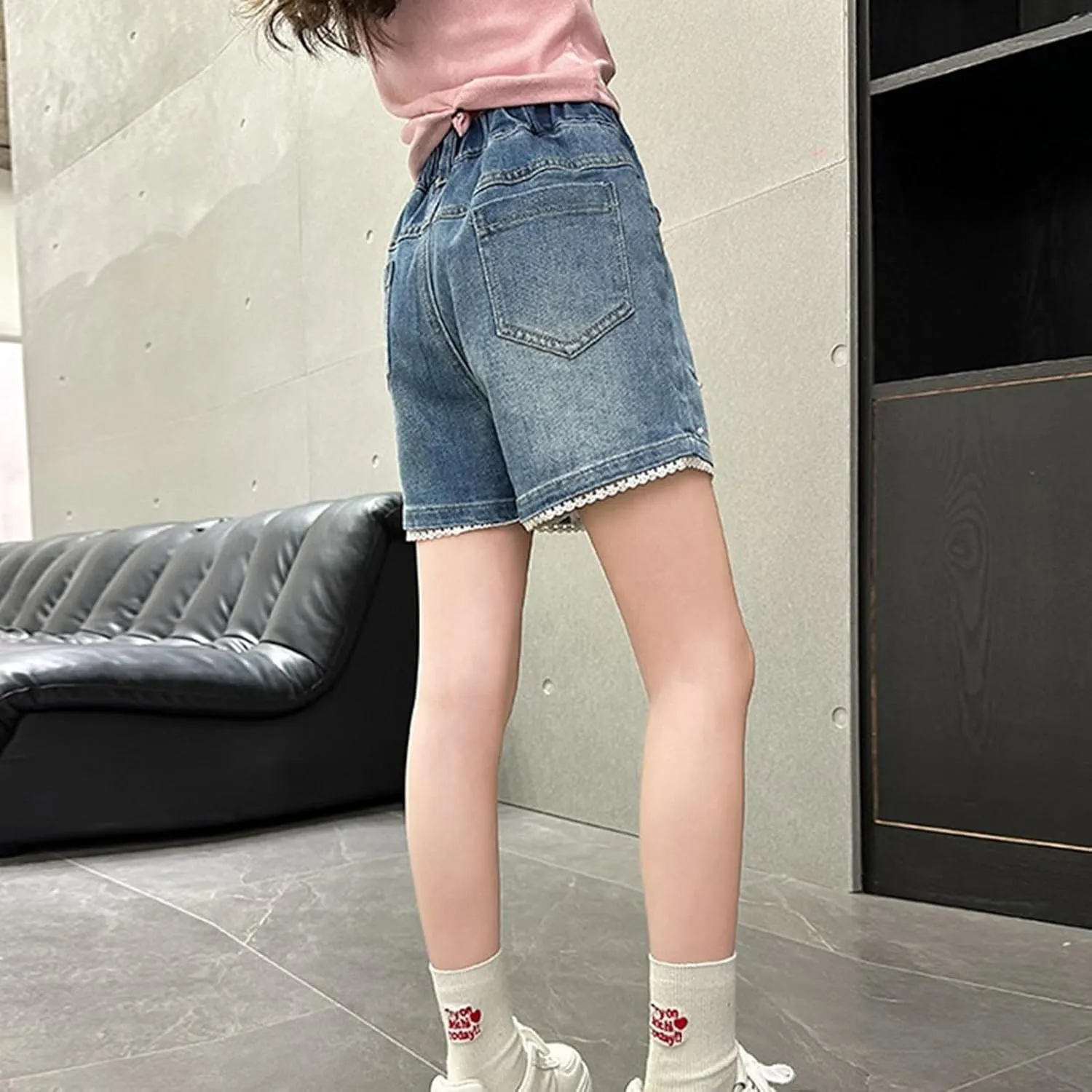 Denim Shorts for Teen Girls Embroidered Heart Denim Shorts Wide Leg High Waisted Jeans for Girls Pull On Baggy Jeans