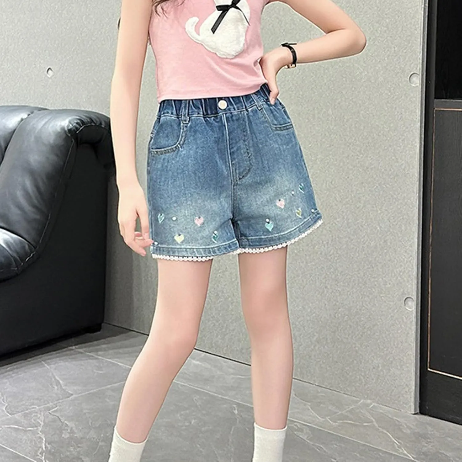 Denim Shorts for Teen Girls Embroidered Heart Denim Shorts Wide Leg High Waisted Jeans for Girls Pull On Baggy Jeans