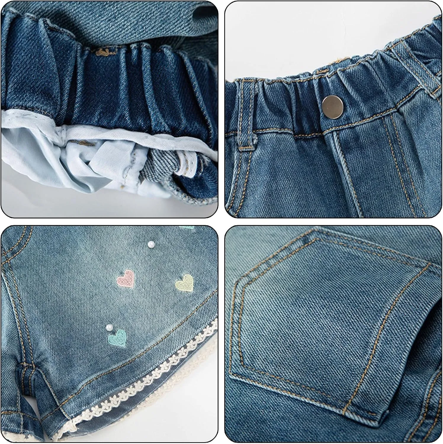 Denim Shorts for Teen Girls Embroidered Heart Denim Shorts Wide Leg High Waisted Jeans for Girls Pull On Baggy Jeans