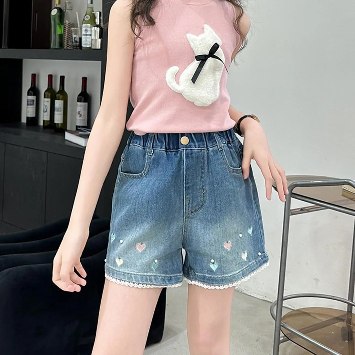 Denim Shorts for Teen Girls Embroidered Heart Denim Shorts Wide Leg High Waisted Jeans for Girls Pull On Baggy Jeans