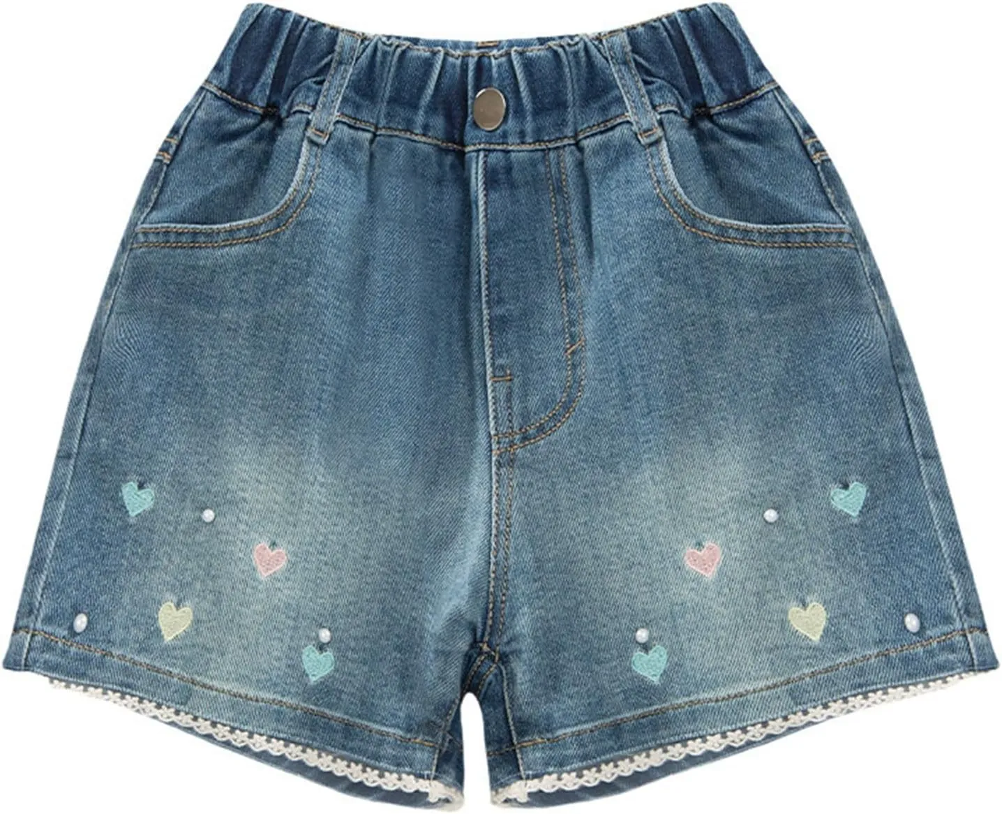Denim Shorts for Teen Girls Embroidered Heart Denim Shorts Wide Leg High Waisted Jeans for Girls Pull On Baggy Jeans