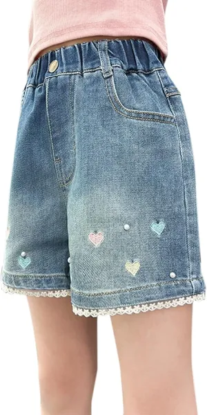 Denim Shorts for Teen Girls Embroidered Heart Denim Shorts Wide Leg High Waisted Jeans for Girls Pull On Baggy Jeans