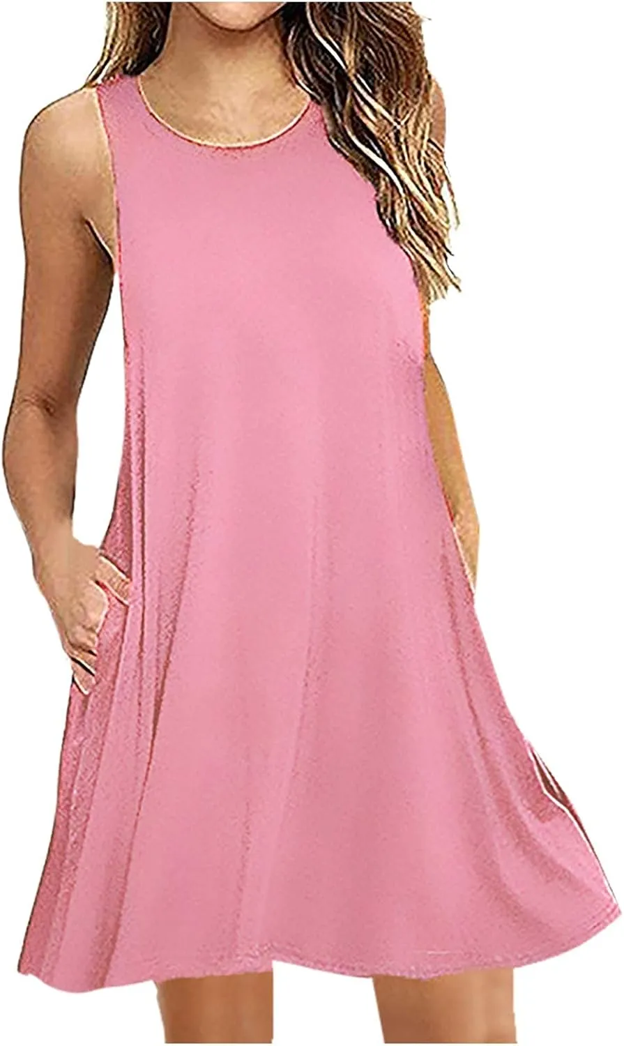 Dresses for Women Casual Fashion Sleeveless Crewneck Mini Dresses Summer Solid Color Loose Fit Dress 2025