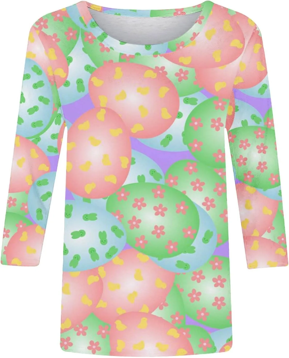 Easter Shirts for Women Funny Egg Graphic Tees 3/4 Length Sleeve Tops Cute Animals Bunny Pullover Tunic Cotton Blouse