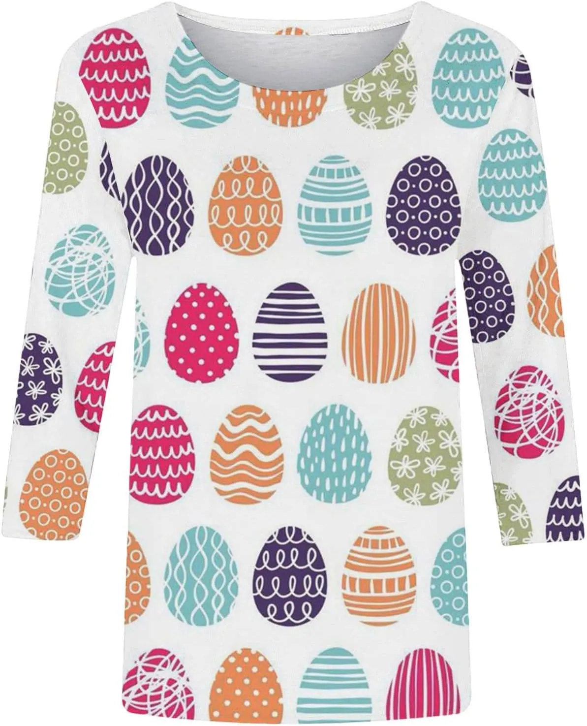 Easter Shirts for Women Funny Egg Graphic Tees 3/4 Length Sleeve Tops Cute Animals Bunny Pullover Tunic Cotton Blouse