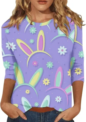 Easter Shirts for Women Funny Egg Graphic Tees 3/4 Length Sleeve Tops Cute Animals Bunny Pullover Tunic Cotton Blouse