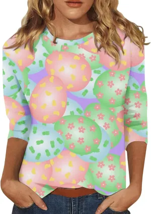 Easter Shirts for Women Funny Egg Graphic Tees 3/4 Length Sleeve Tops Cute Animals Bunny Pullover Tunic Cotton Blouse