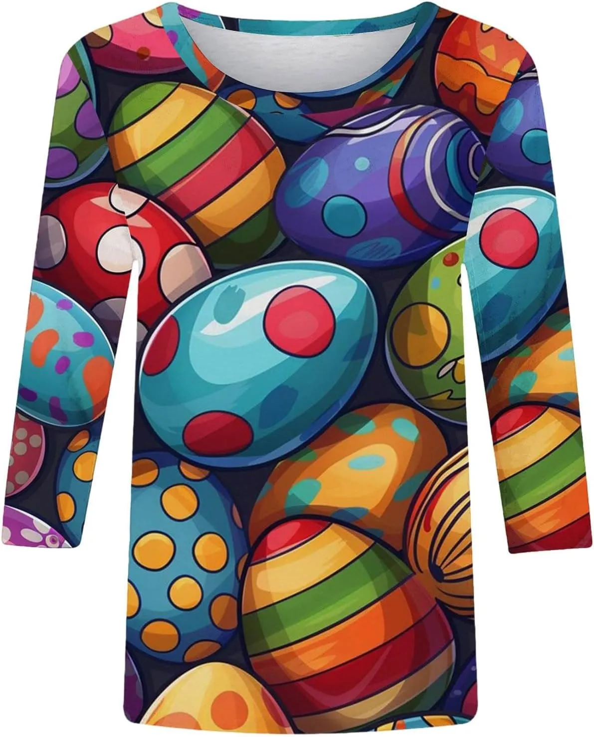 Easter Shirts for Women Funny Egg Graphic Tees 3/4 Length Sleeve Tops Cute Animals Bunny Pullover Tunic Cotton Blouse