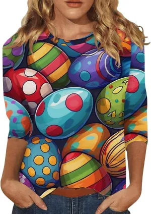 Easter Shirts for Women Funny Egg Graphic Tees 3/4 Length Sleeve Tops Cute Animals Bunny Pullover Tunic Cotton Blouse