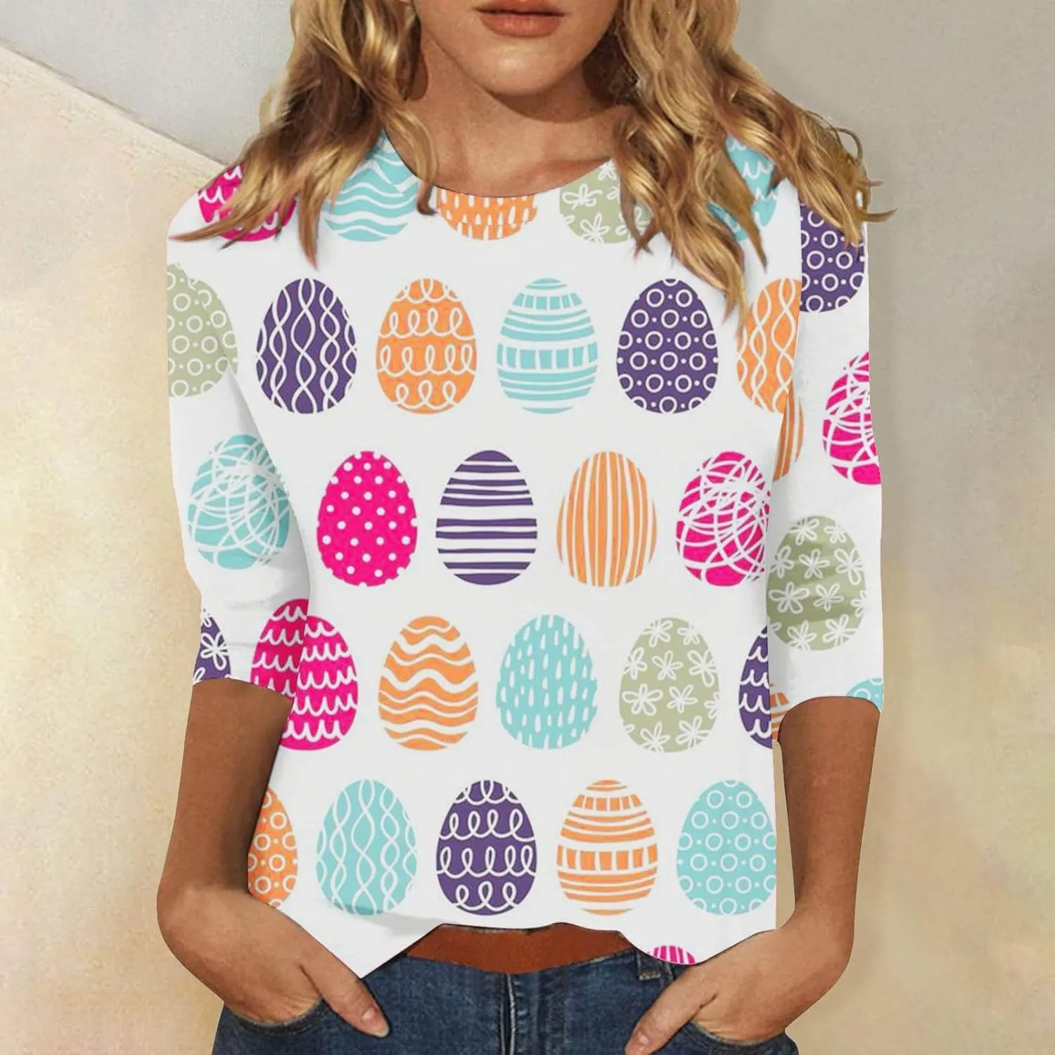Easter Shirts for Women Funny Egg Graphic Tees 3/4 Length Sleeve Tops Cute Animals Bunny Pullover Tunic Cotton Blouse