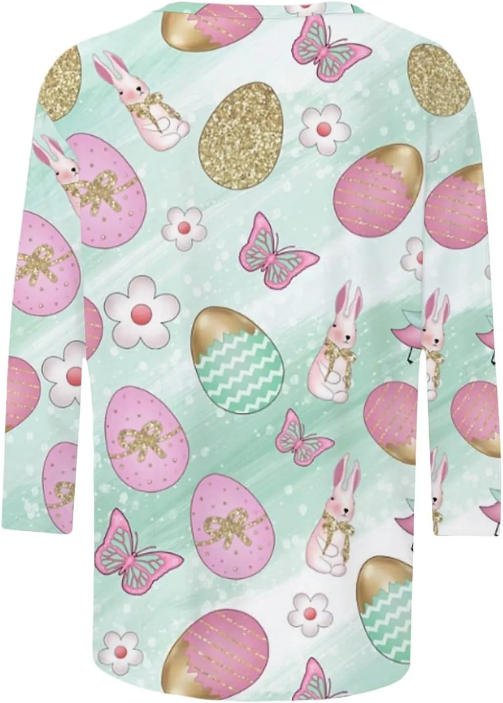 Easter Shirts for Women Funny Egg Graphic Tees 3/4 Length Sleeve Tops Cute Animals Bunny Pullover Tunic Cotton Blouse