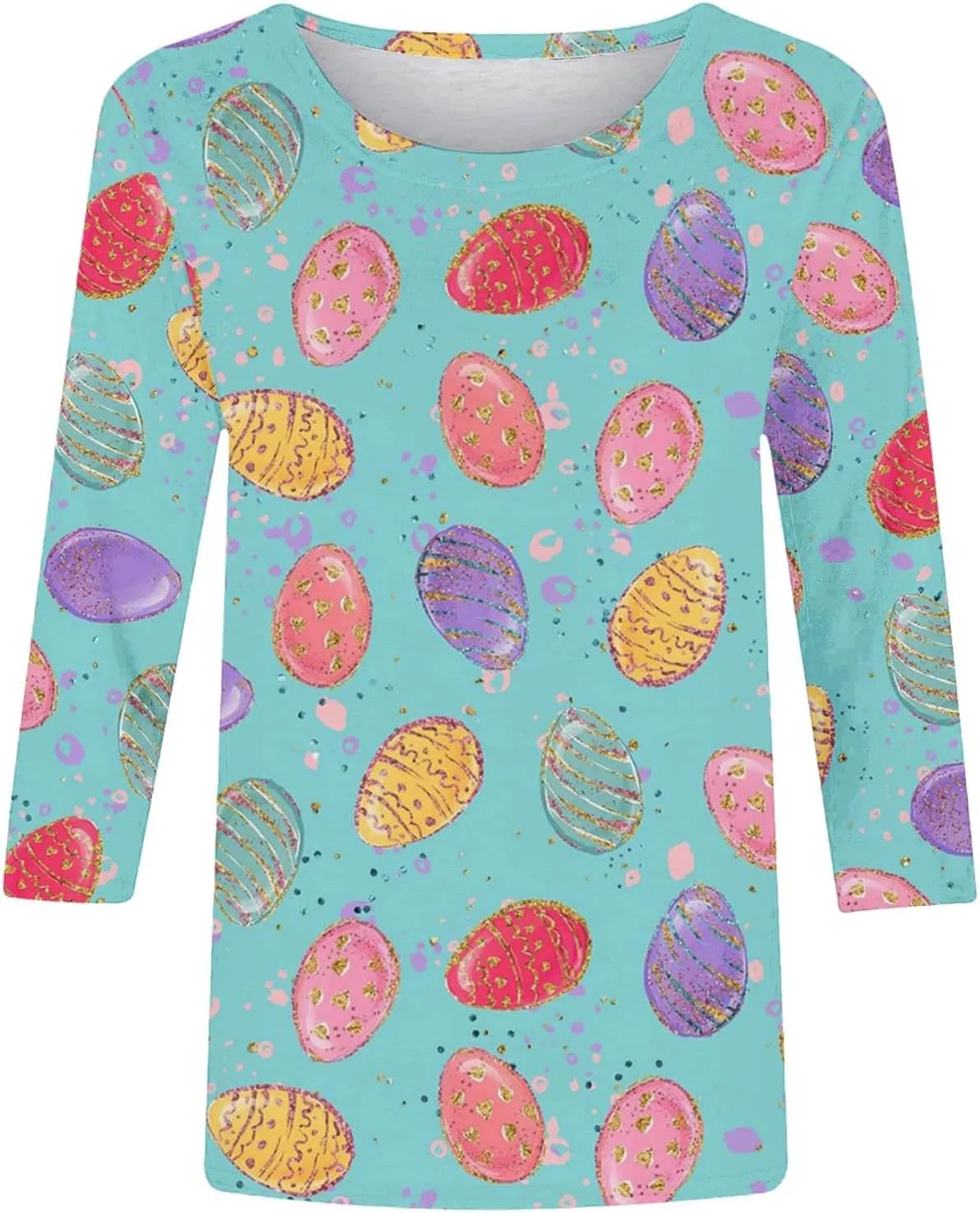 Easter Shirts for Women Funny Egg Graphic Tees 3/4 Length Sleeve Tops Cute Animals Bunny Pullover Tunic Cotton Blouse