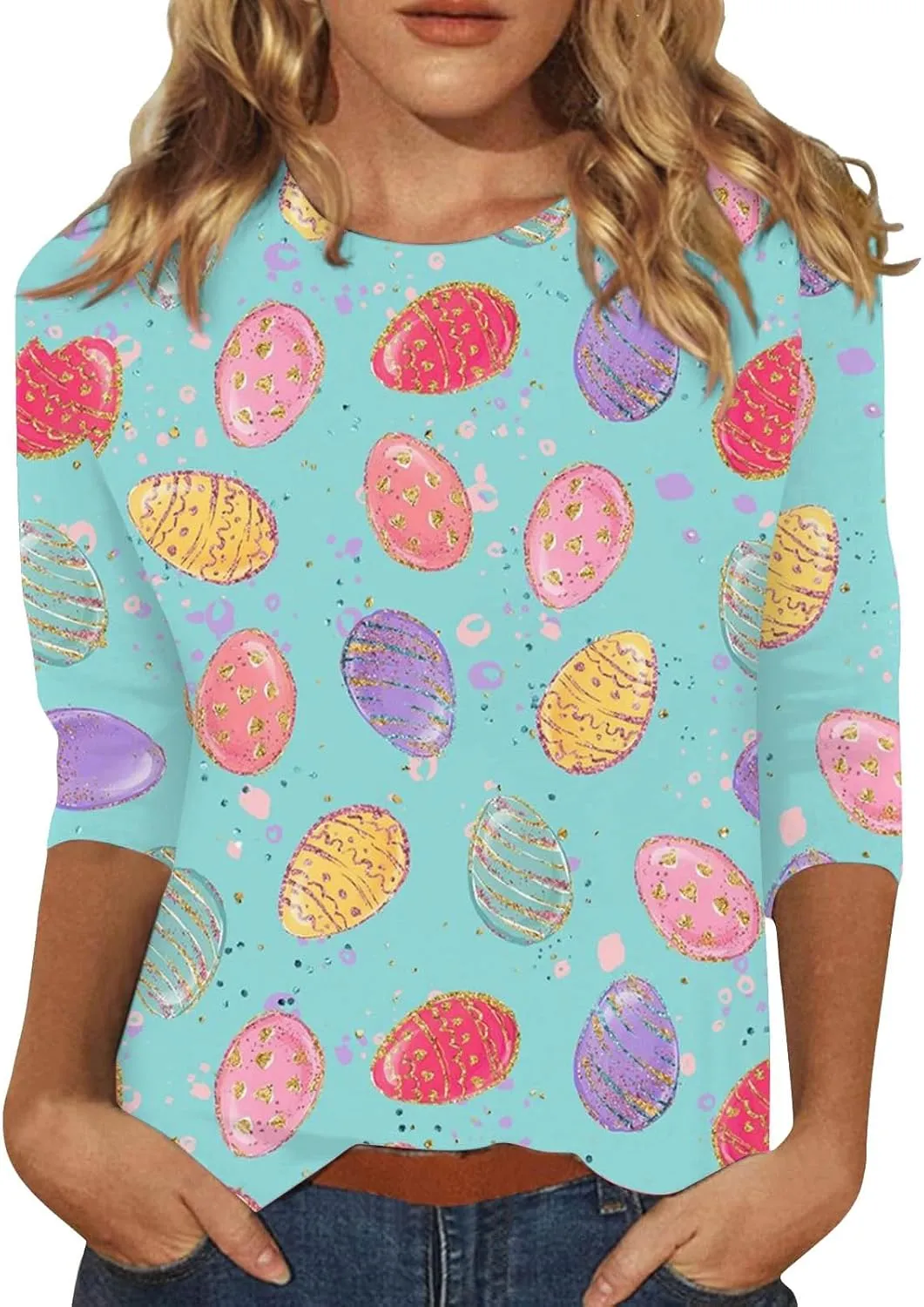 Easter Shirts for Women Funny Egg Graphic Tees 3/4 Length Sleeve Tops Cute Animals Bunny Pullover Tunic Cotton Blouse