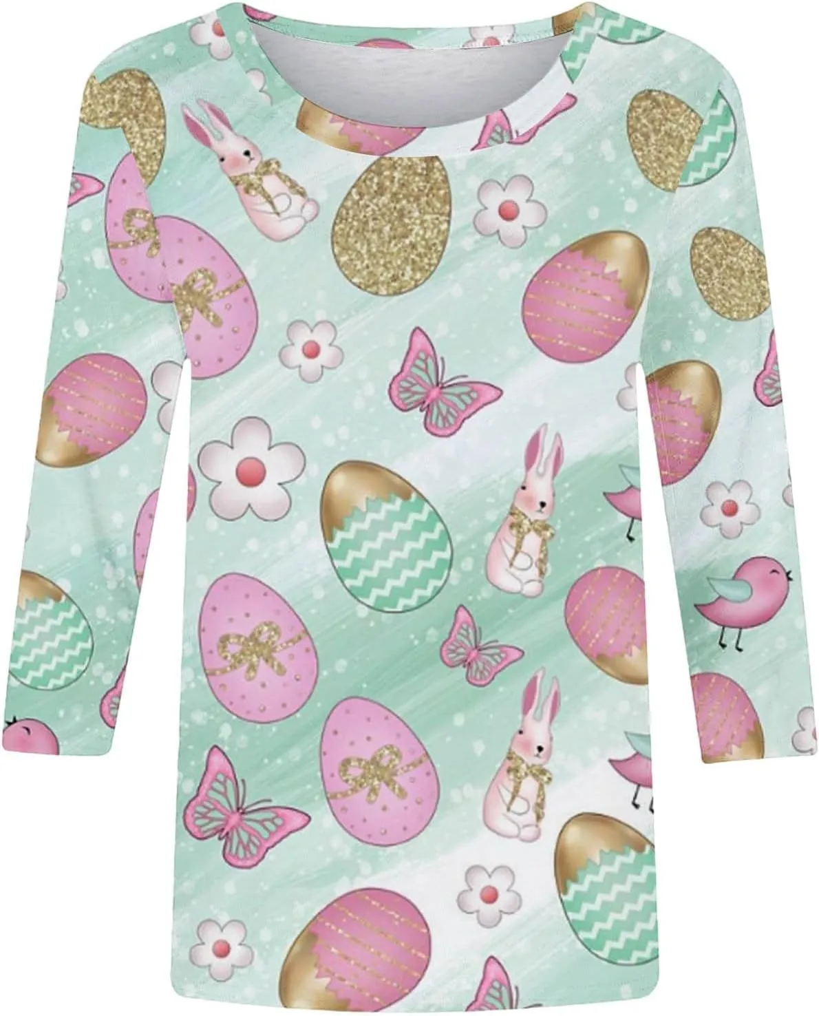 Easter Shirts for Women Funny Egg Graphic Tees 3/4 Length Sleeve Tops Cute Animals Bunny Pullover Tunic Cotton Blouse
