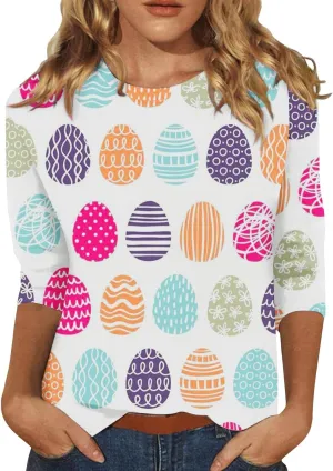 Easter Shirts for Women Funny Egg Graphic Tees 3/4 Length Sleeve Tops Cute Animals Bunny Pullover Tunic Cotton Blouse