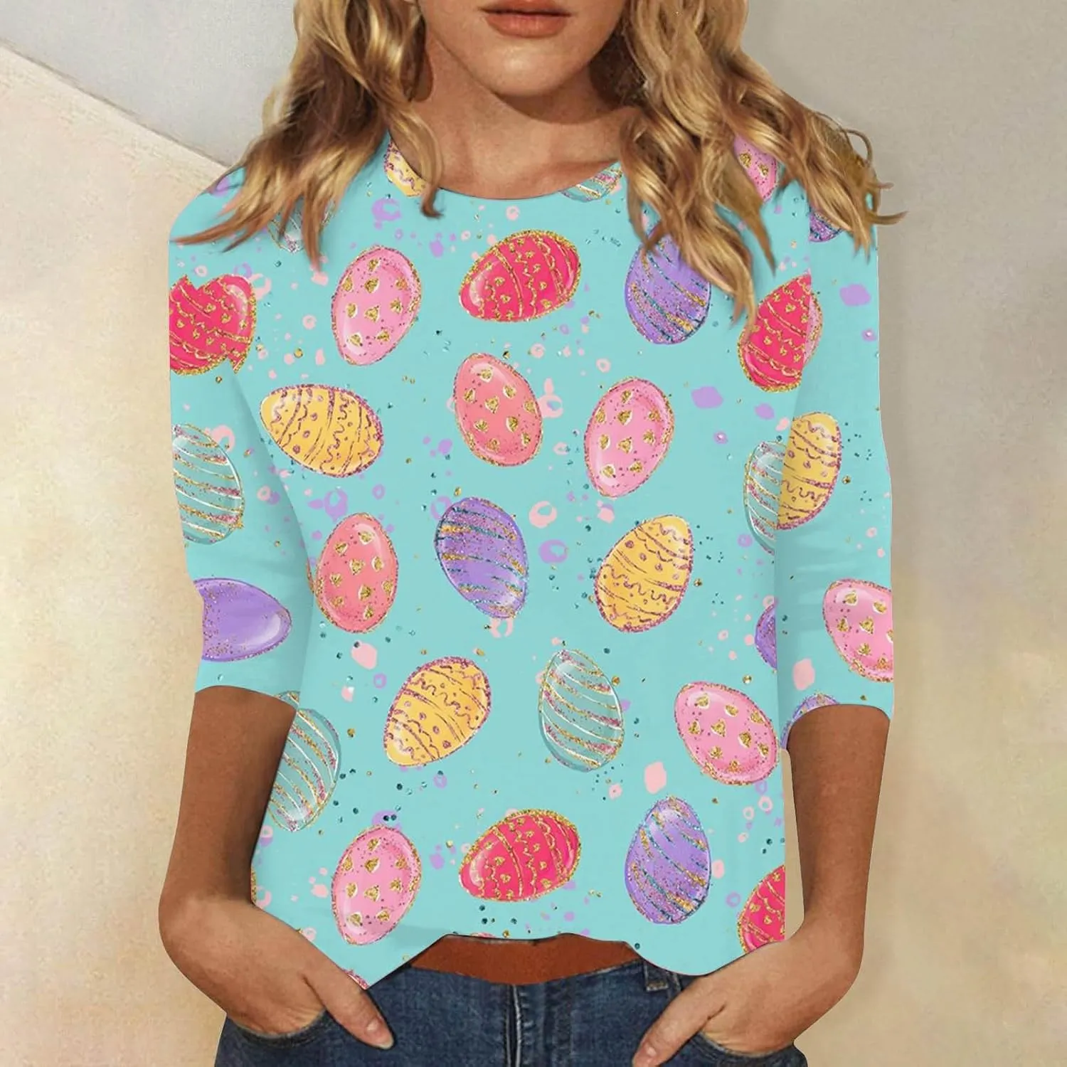 Easter Shirts for Women Funny Egg Graphic Tees 3/4 Length Sleeve Tops Cute Animals Bunny Pullover Tunic Cotton Blouse
