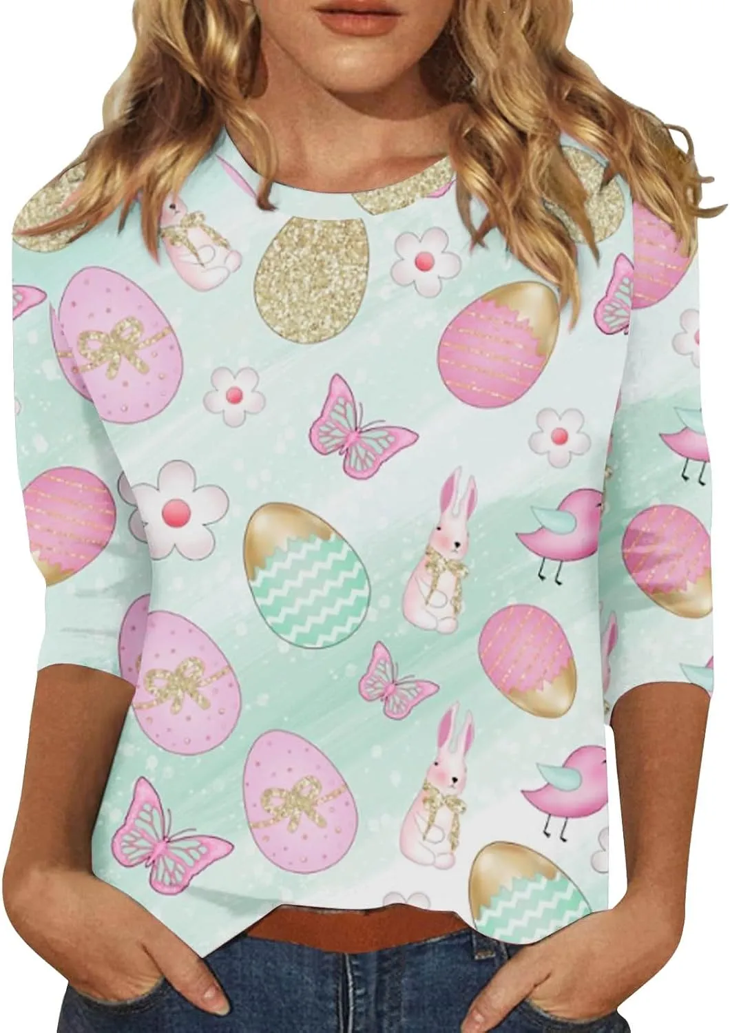 Easter Shirts for Women Funny Egg Graphic Tees 3/4 Length Sleeve Tops Cute Animals Bunny Pullover Tunic Cotton Blouse