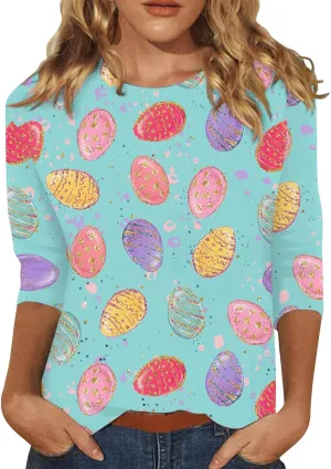 Easter Shirts for Women Funny Egg Graphic Tees 3/4 Length Sleeve Tops Cute Animals Bunny Pullover Tunic Cotton Blouse