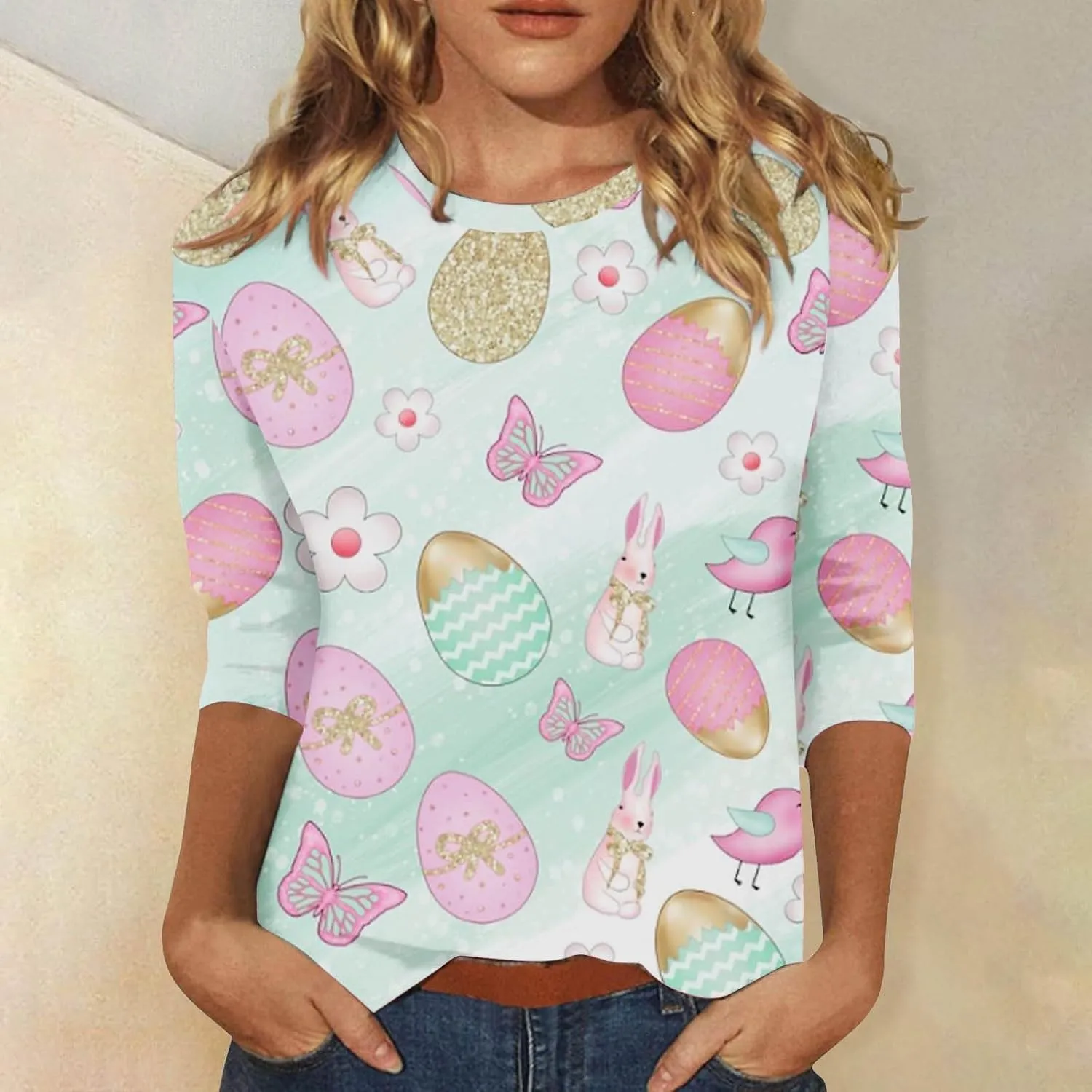Easter Shirts for Women Funny Egg Graphic Tees 3/4 Length Sleeve Tops Cute Animals Bunny Pullover Tunic Cotton Blouse