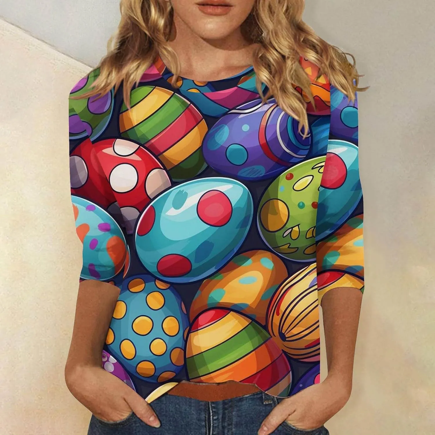Easter Shirts for Women Funny Egg Graphic Tees 3/4 Length Sleeve Tops Cute Animals Bunny Pullover Tunic Cotton Blouse