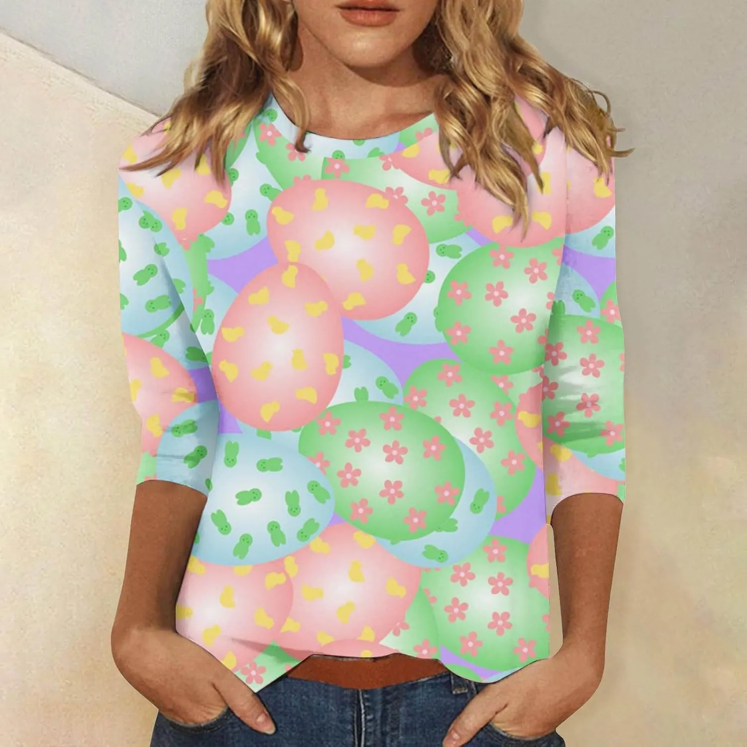 Easter Shirts for Women Funny Egg Graphic Tees 3/4 Length Sleeve Tops Cute Animals Bunny Pullover Tunic Cotton Blouse
