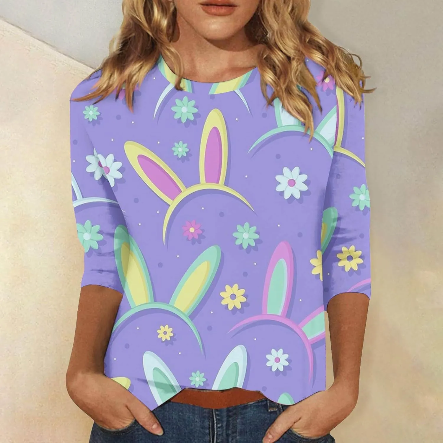 Easter Shirts for Women Funny Egg Graphic Tees 3/4 Length Sleeve Tops Cute Animals Bunny Pullover Tunic Cotton Blouse