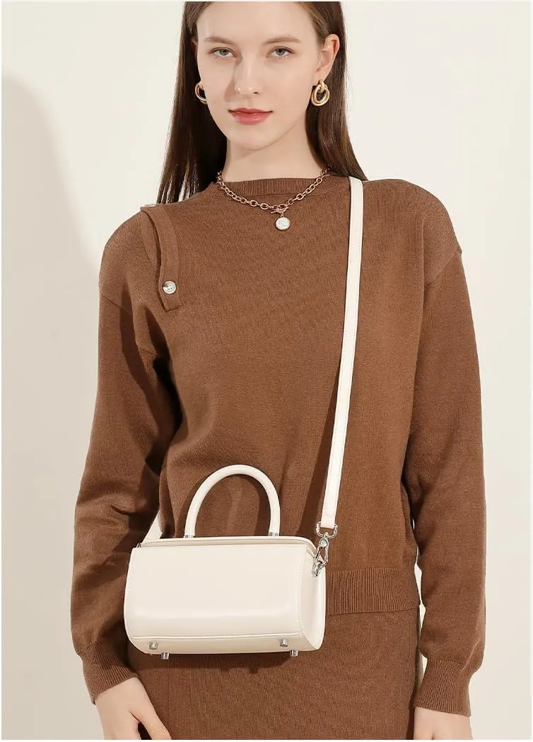 Elegant Mini Top Handle Box Handbag, Cream White, Silver Hardware
