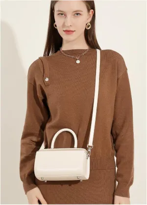 Elegant Mini Top Handle Box Handbag, Cream White, Silver Hardware