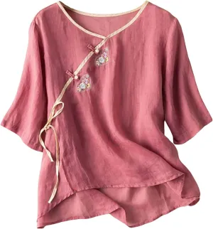 Floral Cotton Linen Retro Chinese Frog Button Blouses for Women Qipao Shirts 3/4 Sleeve Side Slit Jacquard Tops