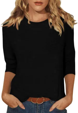 FONMA 3/4 Sleeve Tops for Women Casual Solid/Floral Printed Crewneck T Shirt Loose Fit Three Quarter Length Tunic Top Blouse