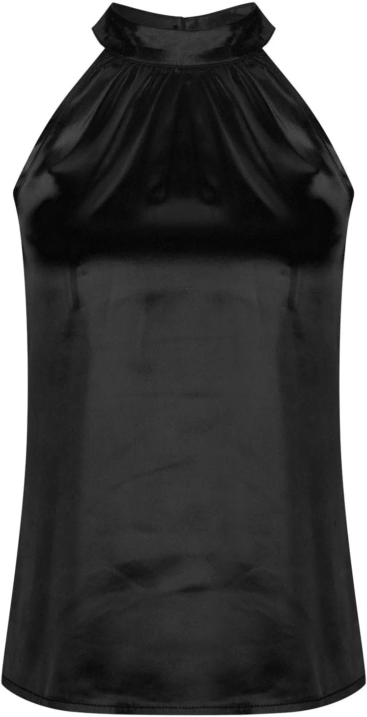 FZYLQY Women Silk Satin Halter Tops Casual Sleeveless Keyhole Mock Neck Tank Top Summer Sexy Curved Hem Dressy Blouse Shirt