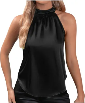 FZYLQY Women Silk Satin Halter Tops Casual Sleeveless Keyhole Mock Neck Tank Top Summer Sexy Curved Hem Dressy Blouse Shirt