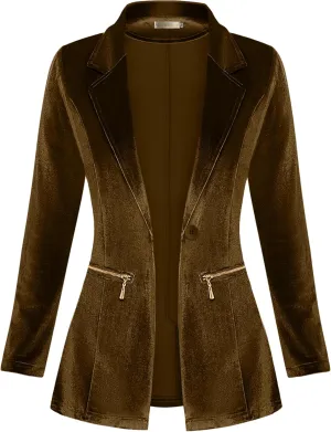 Genhoo Women's Long Sleeve Blazer Open Front Cardigan Jacket Work Office Blazer with Zipper Pockets S-3XL