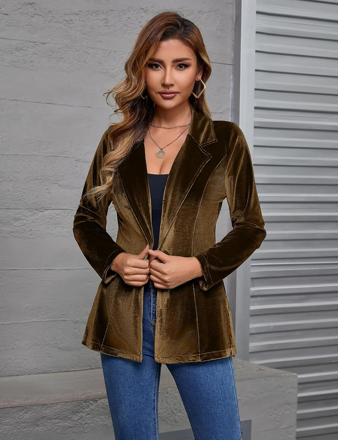 Genhoo Women's Long Sleeve Blazer Open Front Cardigan Jacket Work Office Blazer with Zipper Pockets S-3XL