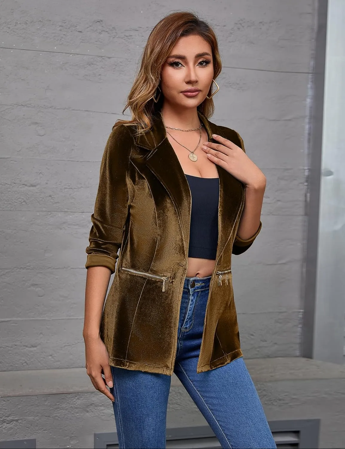 Genhoo Women's Long Sleeve Blazer Open Front Cardigan Jacket Work Office Blazer with Zipper Pockets S-3XL