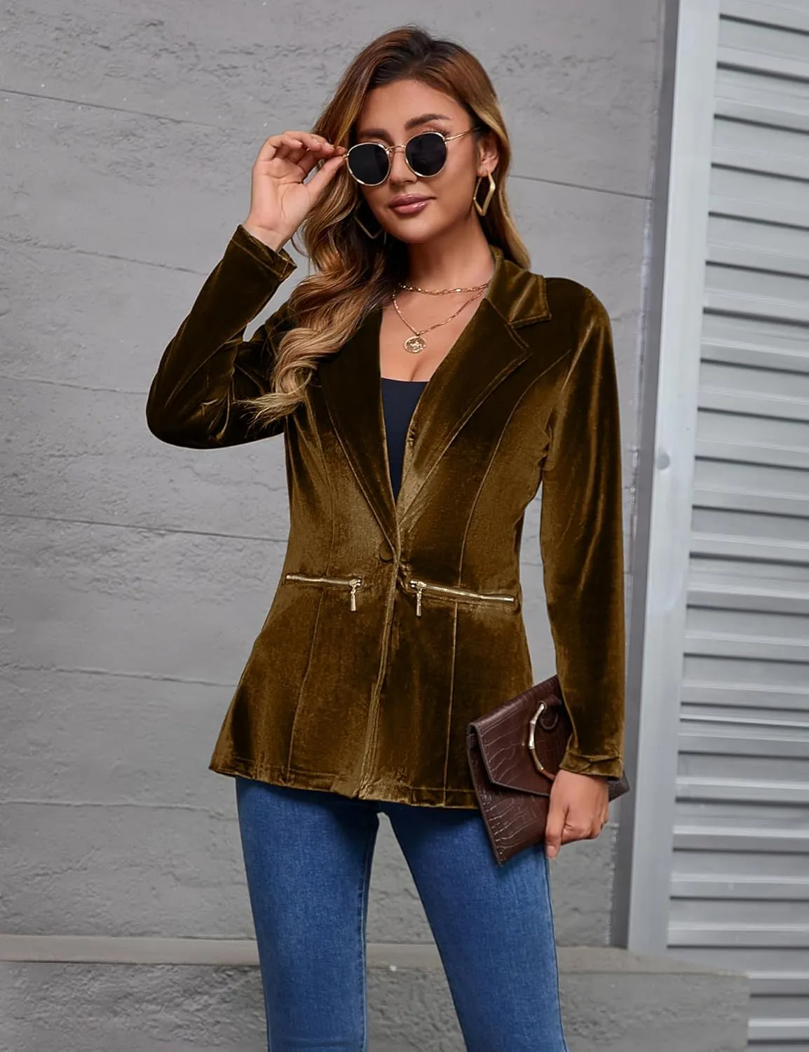 Genhoo Women's Long Sleeve Blazer Open Front Cardigan Jacket Work Office Blazer with Zipper Pockets S-3XL