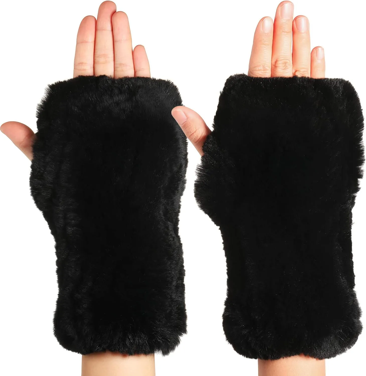 Geyoga Fingerless Fur Gloves for Women Winter Mittens Smooth Faux Rabbit Furry Gloves Warm Knitted Gloves