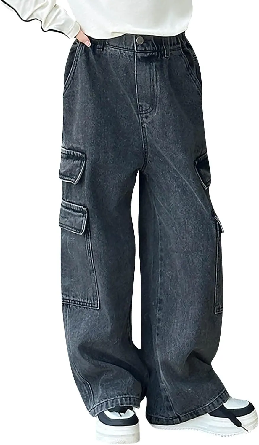 Girls Baggy Denim Jeans Elastic Pants Vintage Denim Jeans Cargo Pant Sweatpant Wide Leg Trousers Teen Pull On Leggings