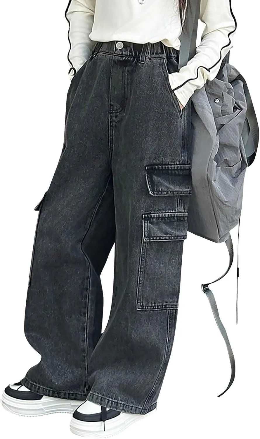 Girls Baggy Denim Jeans Elastic Pants Vintage Denim Jeans Cargo Pant Sweatpant Wide Leg Trousers Teen Pull On Leggings