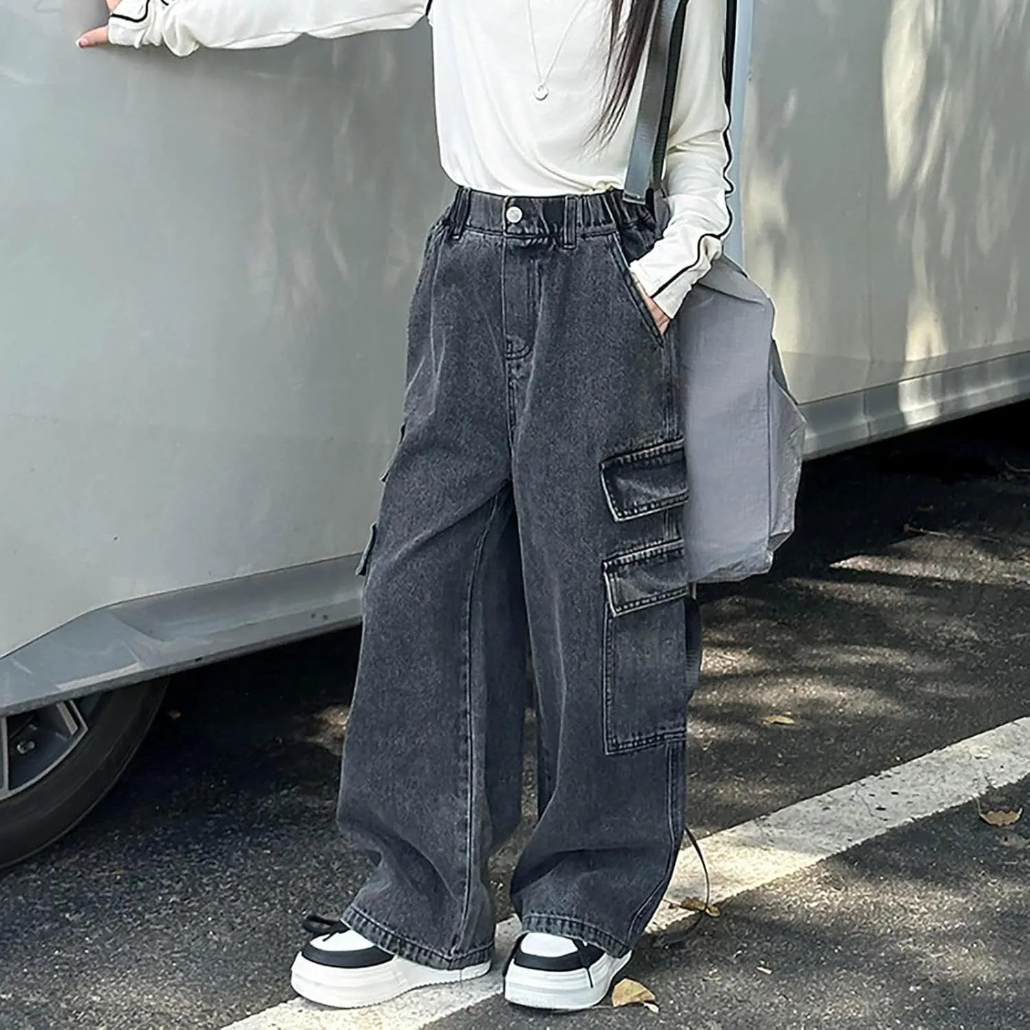 Girls Baggy Denim Jeans Elastic Pants Vintage Denim Jeans Cargo Pant Sweatpant Wide Leg Trousers Teen Pull On Leggings