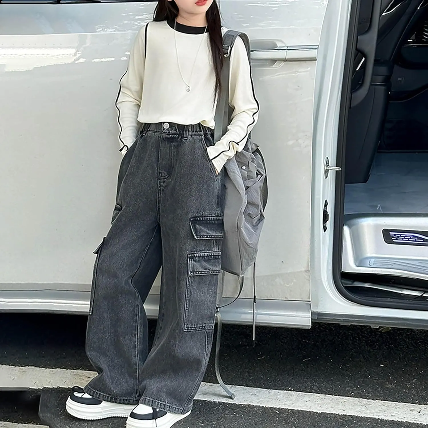 Girls Baggy Denim Jeans Elastic Pants Vintage Denim Jeans Cargo Pant Sweatpant Wide Leg Trousers Teen Pull On Leggings