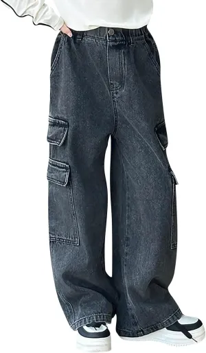 Girls Baggy Denim Jeans Elastic Pants Vintage Denim Jeans Cargo Pant Sweatpant Wide Leg Trousers Teen Pull On Leggings